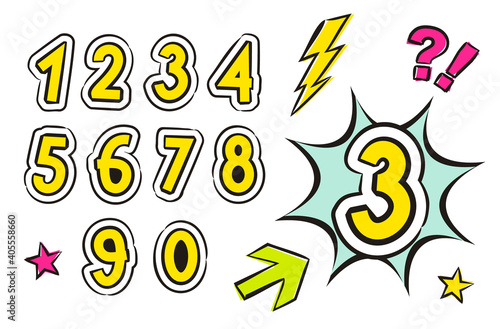Set of numbers in pop art style. Cartoon stickers for design, posters, banners, advertising posters, alphabet, children's books. Vector figures illustration.