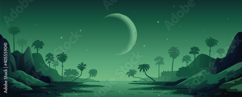jungle vector landscape. Night Panoramic landscape with rain forest and river. Vector illustration in flat cartoon style.