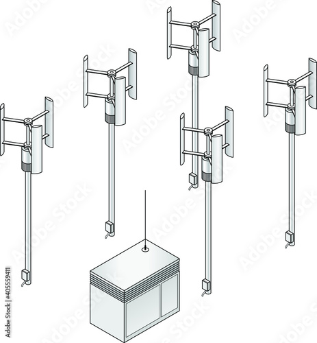 A small wind farm with five vertical wind turbines and a battery shed.