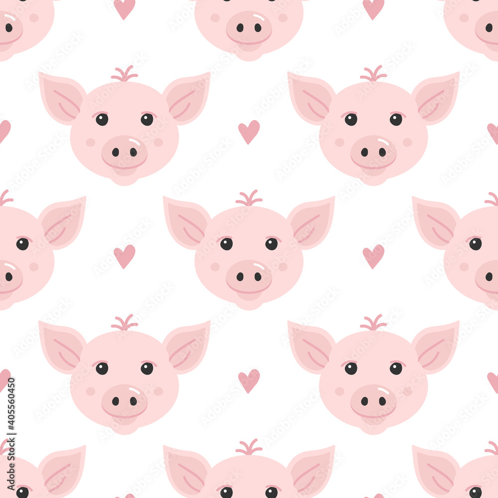 Cute cartoon style piglet, little pink pig and hearts vector seamless pattern background.
