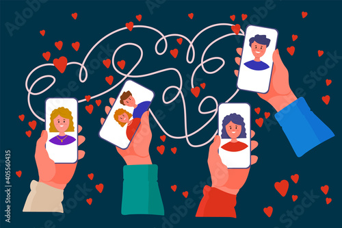 A set of hands with online dating apps. Hands holding a smartphone with male and female profiles in a circle of hearts. The concept of social networks, virtual communication of relationships. Online c