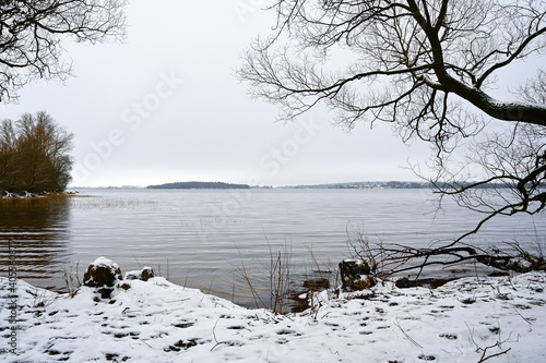 Landscape with winter lake and trees