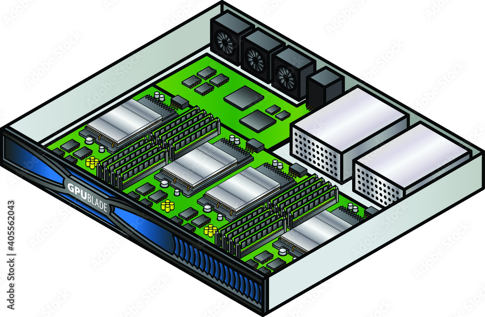 Server component: a GPU blade with the top cover off showing the interior layout and components. Server component: a GPU blade with the top cover off showing the interior layout and components.