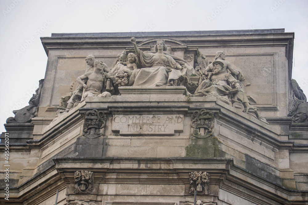 Sculptures, details of City hall of Cardiff, Wales, winter 2018