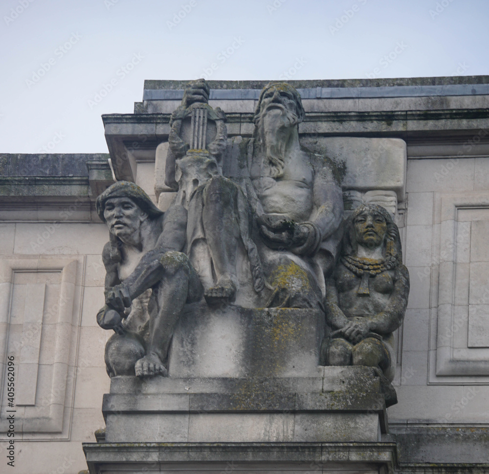 Sculptures, details of City hall of Cardiff, Wales, winter 2018