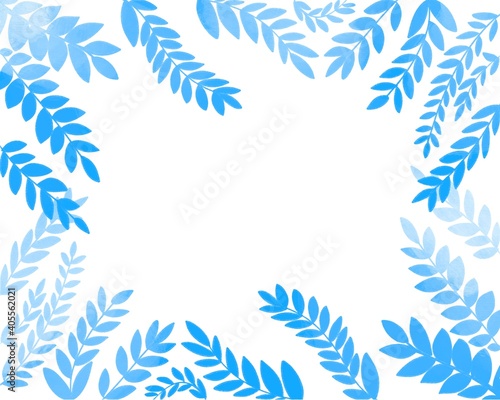 Sfondo bianco con la cornice di foglie piante azzurri. Banner  botanico  photo