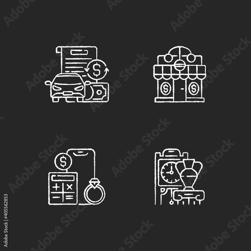 Pawnbroker shop chalk white icons set on black background. Vehicle title loan. Pawnshop. Price calculation. Antiques. Vehicle value. Loaning money business. Isolated vector chalkboard illustrations