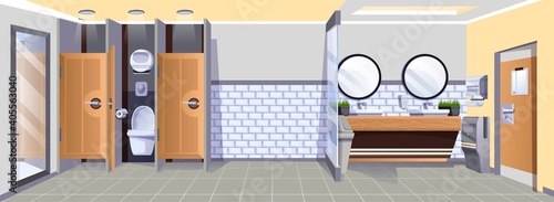 Public toilet interior design background. Modern restroom view vector illustration. WC room with sinks, taps, mirrors, toilets with doors, hand dryer, paper towels