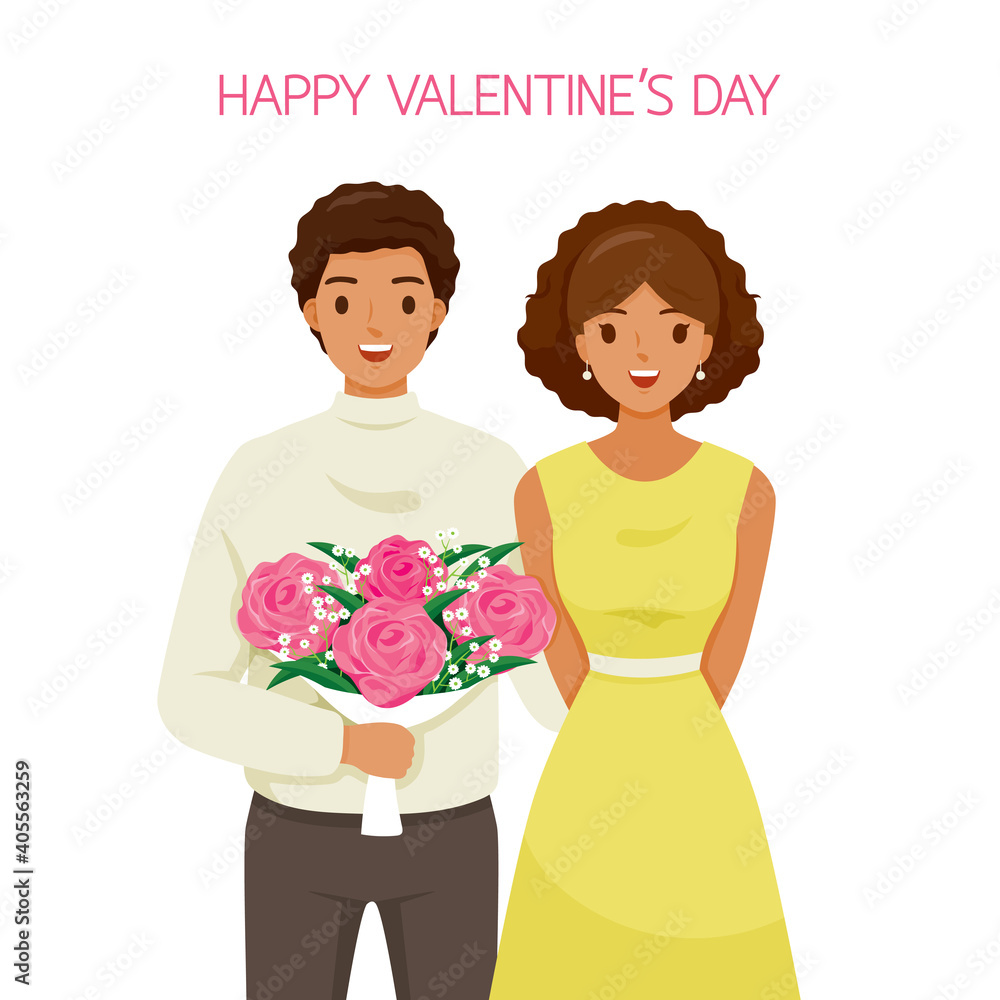 Black Skin Man Holding Bouquet Of Flowers And Hugging His Girlfriend, Lover, Valentine’s Day Black Skin Man Holding Bouquet Of Flowers And Hugging His Girlfriend, Lover, Valentine’s Day