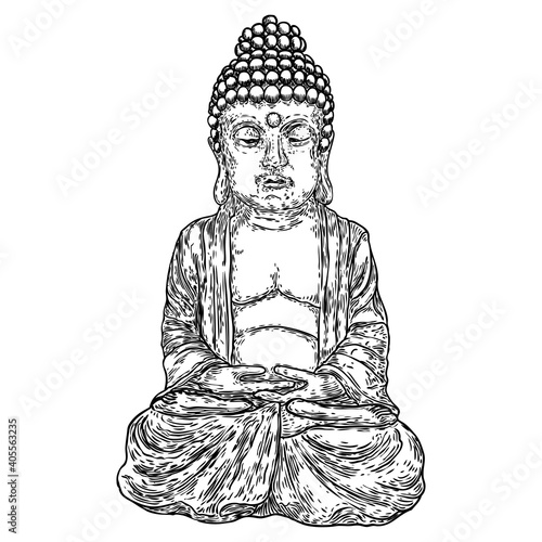 Sitting Buddha in lotus pose and meditating. Esoteric drawing. Indian spiritual teacher, Buddhism religious leader. Yoga zen club design. Purnima and Happy Vesak Day illustration elements. Vector.