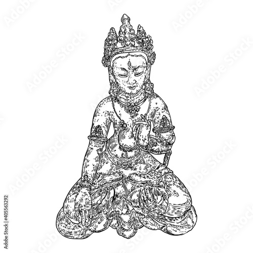 Buddha spiritual portrait. Bodhisattva. Gautama Buddha sitting in lotus pose and meditating. Indian spiritual teacher, Buddhism religious leader. Yoga zen club design. Vector.