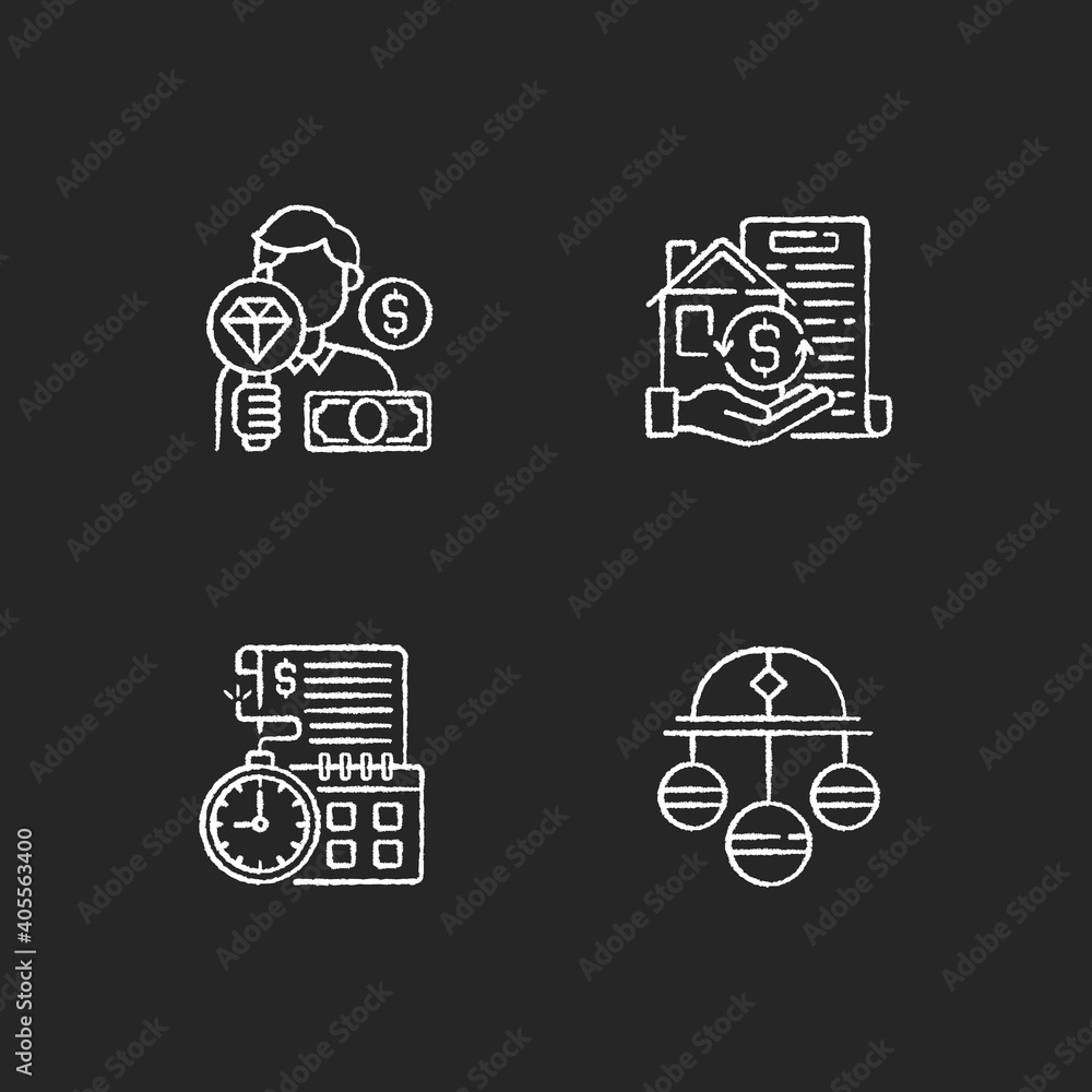 Collateral-based loans chalk white icons set on black background. Pawnbroker. Collateral. Pawn symbol. Extension. Money lender in exchange for property. Isolated vector chalkboard illustrations Collateral-based loans chalk white icons set on black background. Pawnbroker. Collateral. Pawn symbol. Extension. Money lender in exchange for property. Isolated vector chalkboard illustrations