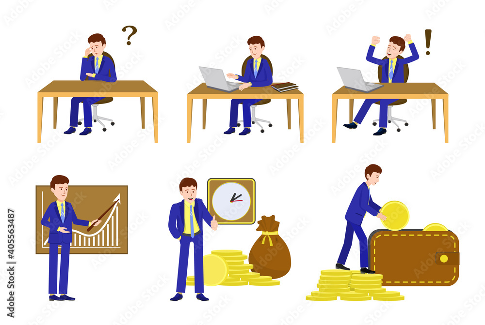 Business and financial growth. Vector image of a person for animation. Editable strokes. Set of images on the topic of business and the growth trend of money and wealth.
