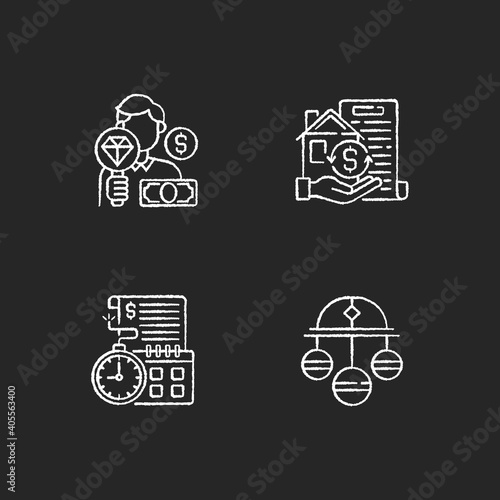 Collateral-based loans chalk white icons set on black background. Pawnbroker. Collateral. Pawn symbol. Extension. Money lender in exchange for property. Isolated vector chalkboard illustrations