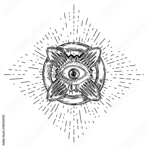 Hand drawn eye iris as element of All seeing eye of providence variation in decorative circle.  Black work tattoo flash of Masonic symbol design. Sacred religion, spirituality and occultism. Vector.