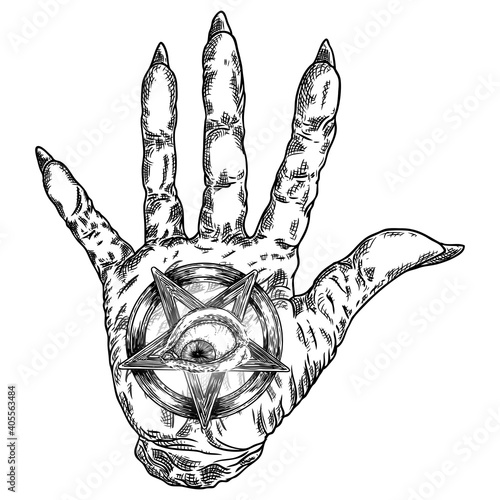 Black witch hand with all seeing eye on the devil star pentagram. Mystic and occult magic symbols. Black magic ink tattoo flash idea. Vector