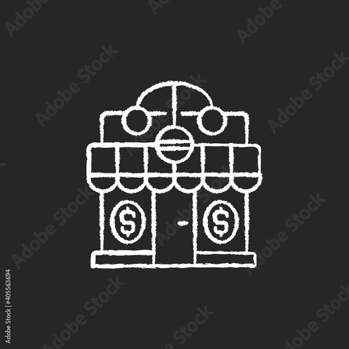Pawnshop chalk white icon on black background. Loaning money business. Collateral-based loans. Reselling retail items. Leaving personal property items. Isolated vector chalkboard illustration
