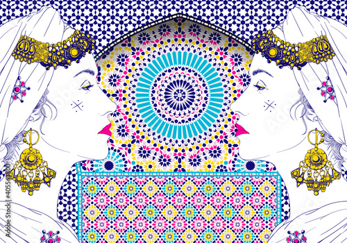 Arabic woman face mosaic vector illustration. Yellow, pink and blue colors.