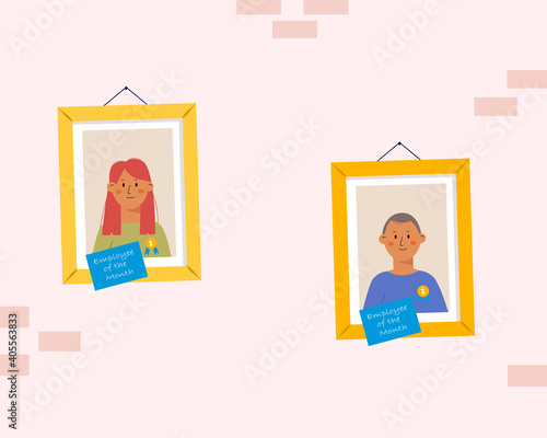 Employee of the month concept. Diversity, equality in the work. Two employee of the month with  achievement award badge in frame on the wall. Colorful modern vector illustration in cartoon flat style