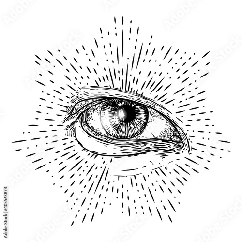 All seeing eye or Eye of Providence on decorative background sacred geometry. Ancient mystical sacral Masonic symbol. Hand drawn alchemy, religion and spiritual occultism. Conspiracy theory vector.