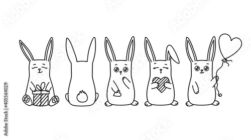 Vector Doodle Cute Rabbits in Different Pose, Emotions. Love Valentines Day Symbols, Hearts, Balloon, Gift. Easter Bunnies Collection. Cartoon Character Set. Holiday design elements for card, poster