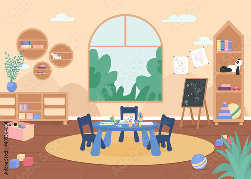 Kindergarten painting class flat color vector illustration. Primary grade room with desk, chair and art supplies. Lesson for kids. Preschool classroom 2D cartoon interior with furniture on background