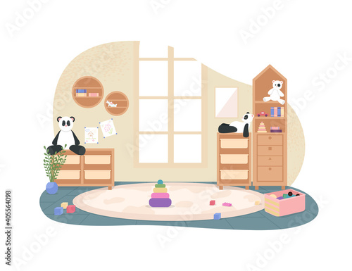 Kindergarten playroom with no people 2D vector web banner, poster. Preschool flat scene on cartoon background. Primary grade classroom with toys and furniture printable patch, colorful web element