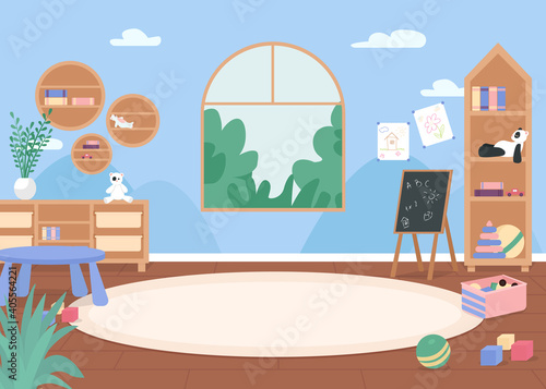 Kindergarten classroom flat color vector illustration. Primary grade playroom. Preschool education. Room with furniture for kids. Elementary school class 2D cartoon interior with window on background