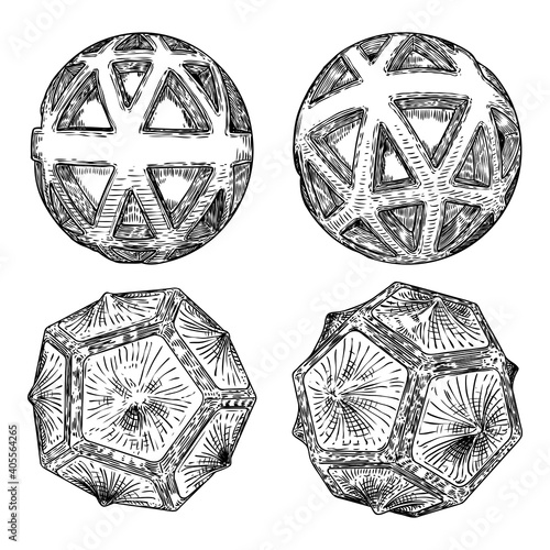 Set of decorative balls in hand drawn style. Abstract magic balls or mysterious orbs with holes, 3d printing sphere crystal. Vector.