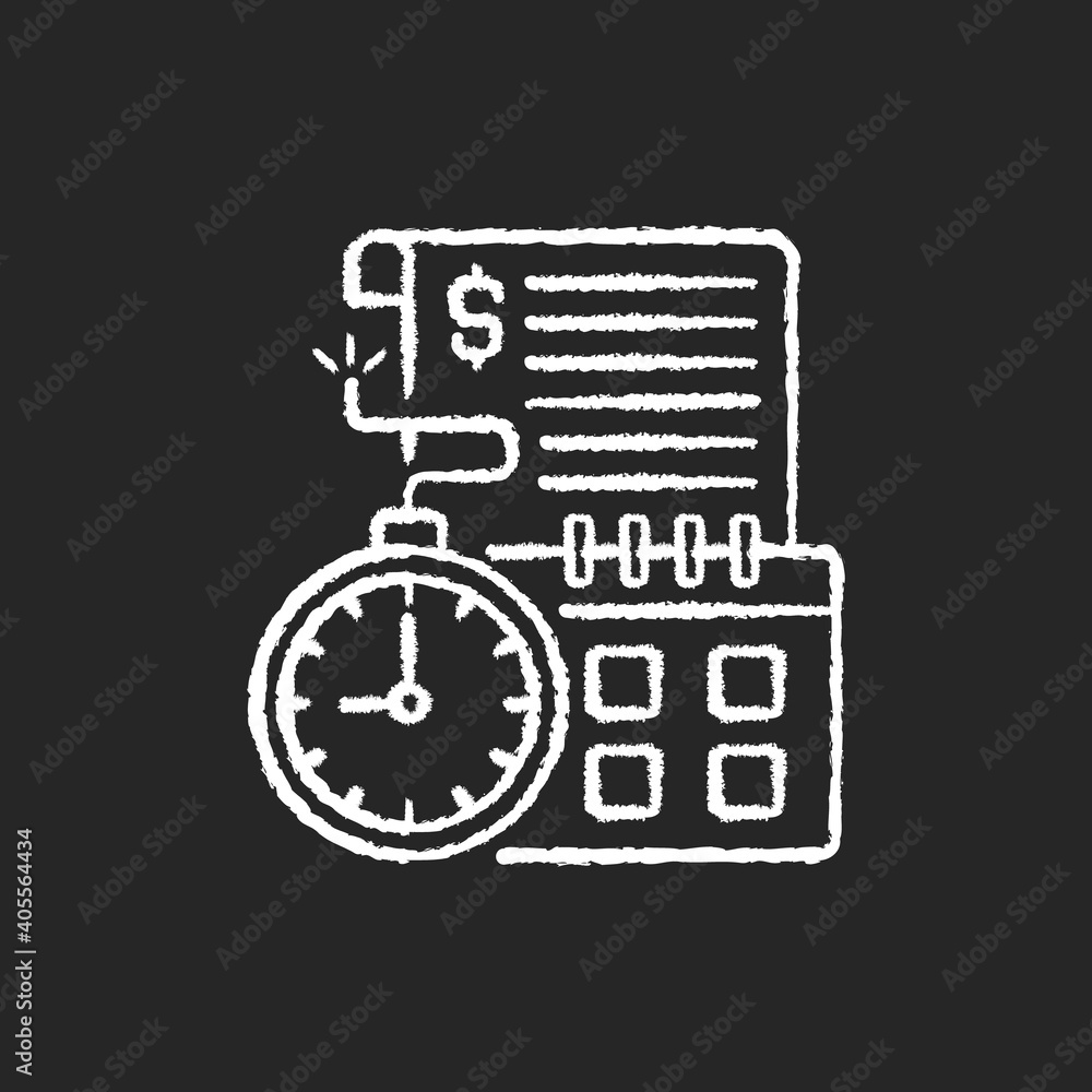 Time limit chalk white icon on black background. Repaying by stated date. Loans with term lengths. Monthly payments. Interest costs. Penalties, fees. Isolated vector chalkboard illustration Time limit chalk white icon on black background. Repaying by stated date. Loans with term lengths. Monthly payments. Interest costs. Penalties, fees. Isolated vector chalkboard illustration