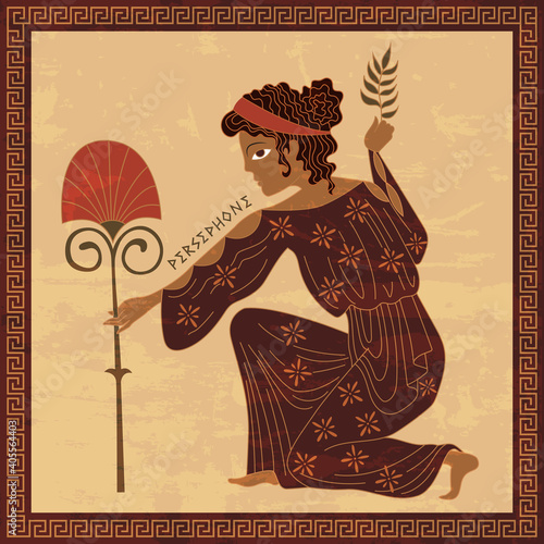 Ancient Greek mythology. Goddess Persephone. Vector illustration in the style of Greek vase painting..