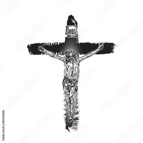 Jesus on the cross. Hand painted with real ink brush, grunge Christian cross Sketch. Vector.