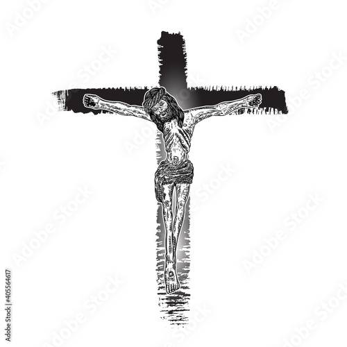 Jesus on the cross. Hand painted with real ink brush, grunge Christian cross Sketch. Vector.