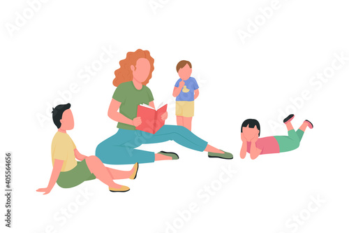 Woman read to children flat color vector faceless characters. Daycare activity. Babysitting kids. Kindergarten class isolated cartoon illustration for web graphic design and animation