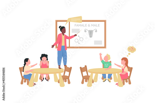 Teacher and children during preschool biology class flat color vector faceless characters. Kindergarten anatomy lesson isolated cartoon illustration for web graphic design and animation