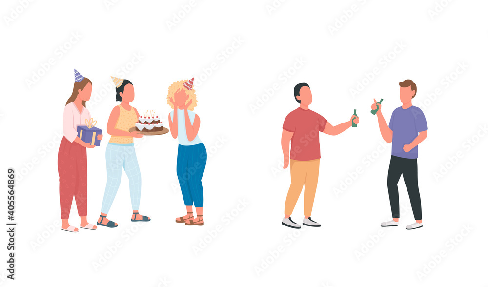 Fototapeta premium Friends at birthday party flat color vector faceless characters set. Surprise for girl. Men drink together. Celebration isolated cartoon illustration for web graphic design and animation collection