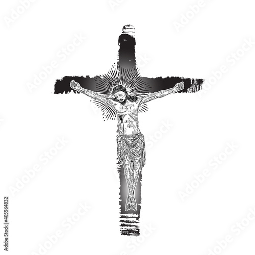 Jesus on the cross. Hand painted with real ink brush, grunge Christian cross Sketch. Vector.