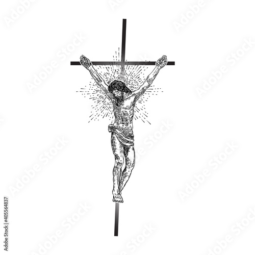 Jesus Christ on the cross with Rays of halo light and beams, symbol of saint. Crucifix drawing. Art tattoo reference template. Religion pride and glory. Good Friday Vector.