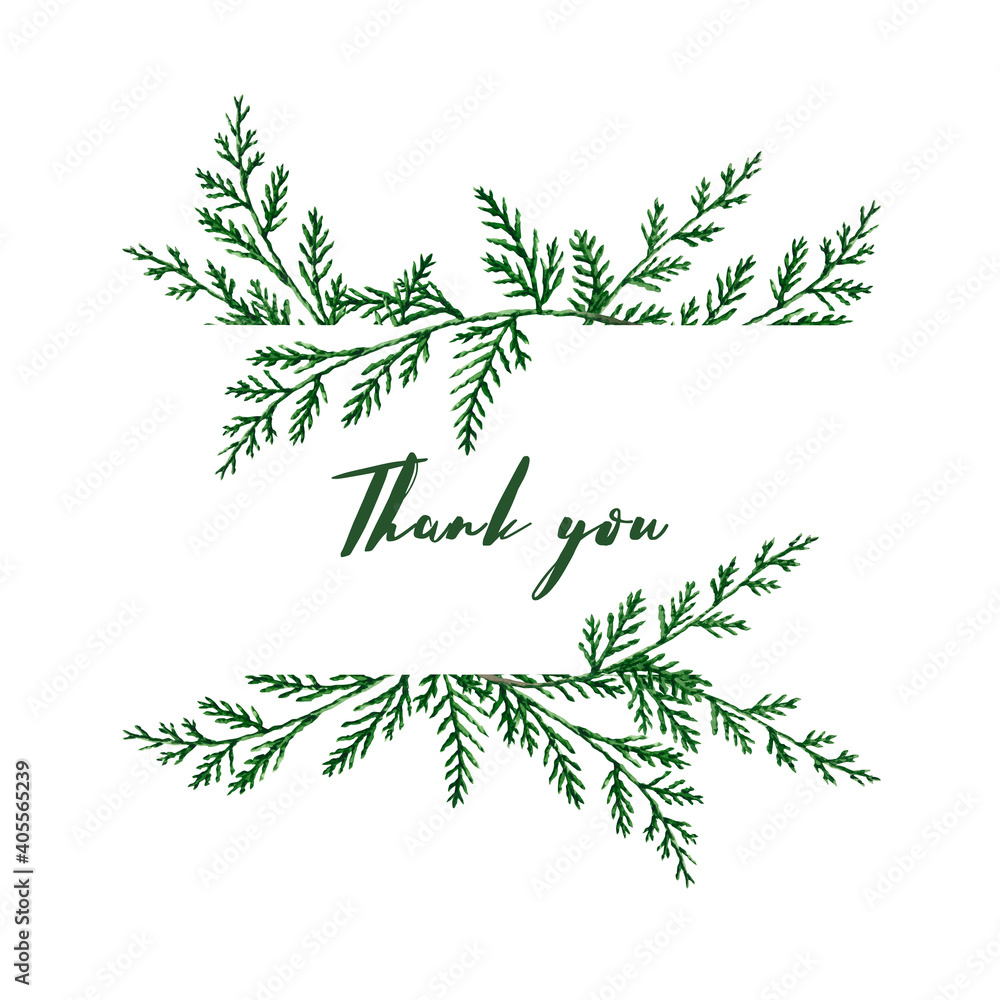 Card with watercolor thuja branches. Hand drawn illustration is isolated on white. Frame is perfect for floral design, greeting postcard, wedding invitation, interior poster, floristic logotype
