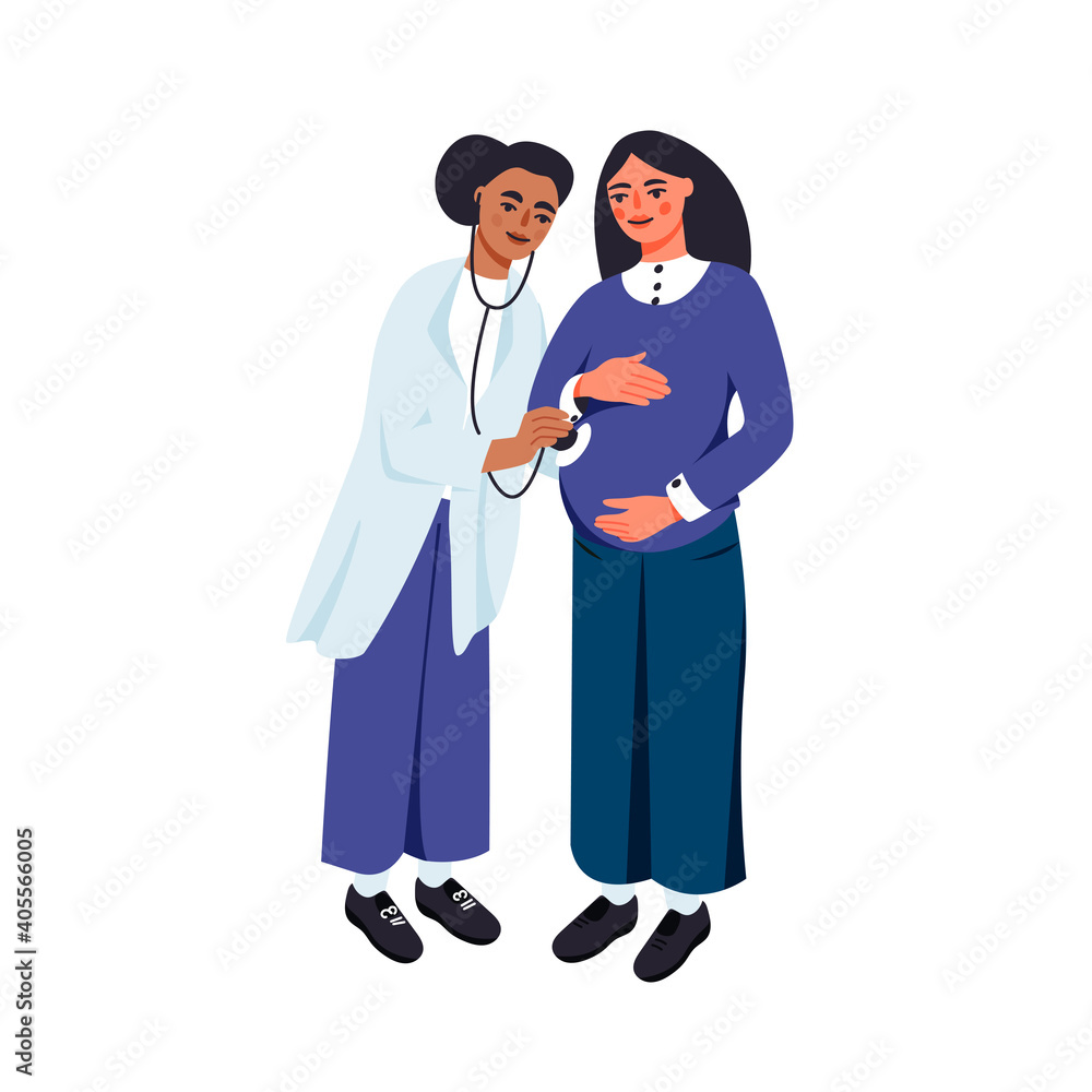 Pregnant woman visiting doctor isolated on white vector illustration. Medical check up for female mother design element. Gynecologist examination in cartoon style.