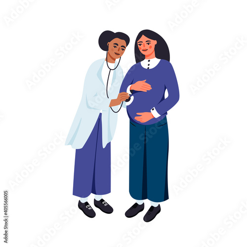 Pregnant woman visiting doctor isolated on white vector illustration. Medical check up for female mother design element. Gynecologist examination in cartoon style.
