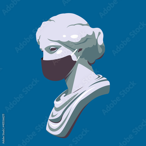 Greek sculpture with mask cartoon illustration. Antique head virus protection hand drawn banner design. Greek bust protected from flu and infections printing card