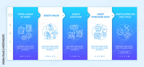 Investment inventory elements onboarding vector template. Total asset count. Stocks location. Responsive mobile website with icons. Webpage walkthrough step screens. RGB color concept