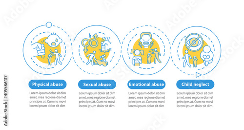 Domestic child abuse vector infographic template. Harassment presentation design elements. Data visualization with 4 steps. Process timeline chart. Workflow layout with linear icons