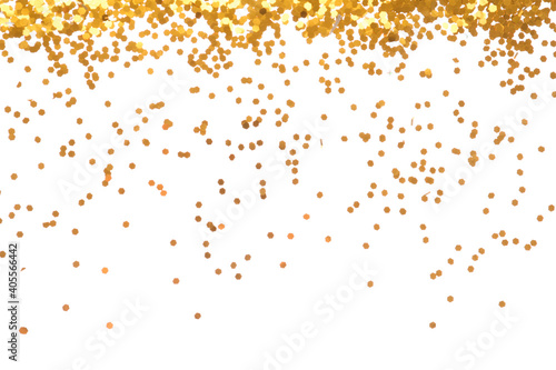 Bright golden confetti on white background  top view