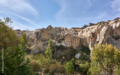 Ancient cave houses and rock formations near Goreme, Cappadocia, Turkey