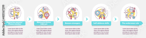 Child safety vector infographic template. Beware strangers. Parental care presentation design elements. Data visualization with 5 steps. Process timeline chart. Workflow layout with linear icons