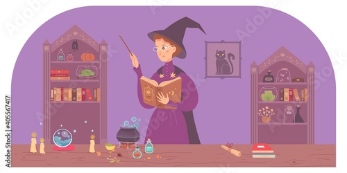 Witch in magic cabinet. Woman with wand and book in spooky room casting spell vector illustration. Harry Potter style fantasy world. Room interior with bookcases with books, bottles and potions