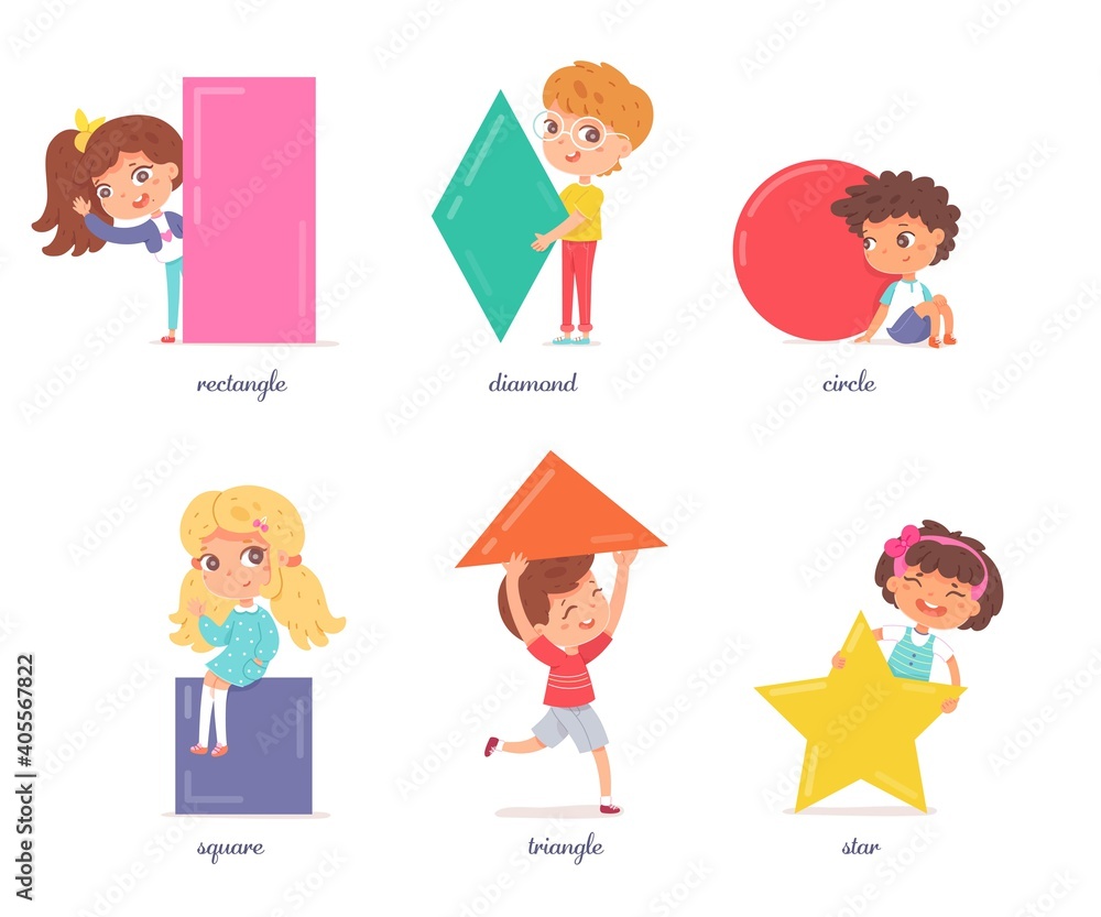 Cute kids holding geometric shapes set. Primary school education worksheet vector illustration. Little boys and girls with square, triangle, star, rectangular, rhomb, circle on white background Cute kids holding geometric shapes set. Primary school education worksheet vector illustration. Little boys and girls with square, triangle, star, rectangular, rhomb, circle on white background