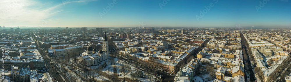 Air city panorama center city with Orthodox Cathedral in Odessa, Ukraine. Drone footage and winter time..